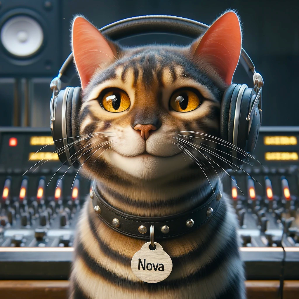 DALL·E 2024-04-28 18.46.15 - A highly detailed and photorealistic image of a Bengal cat with studio headphones and a cheeky smile. The cat is named 'Nova', as indicated by the tag copy